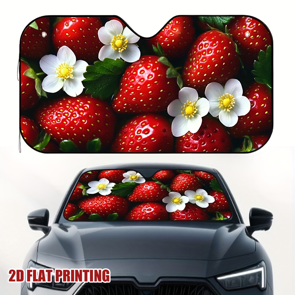 Car Accessories Must Have - ที่บังแดดในรถยนต์ลายสตรอว์เบอร์รีและดอกไม้ 1 ชิ้น ปรับเข้ากับรถรุ่นต่างๆ ได้อย่างง่ายดาย อุปกรณ์เสริมที่ต้องมีสำหรับผู้เดินทาง