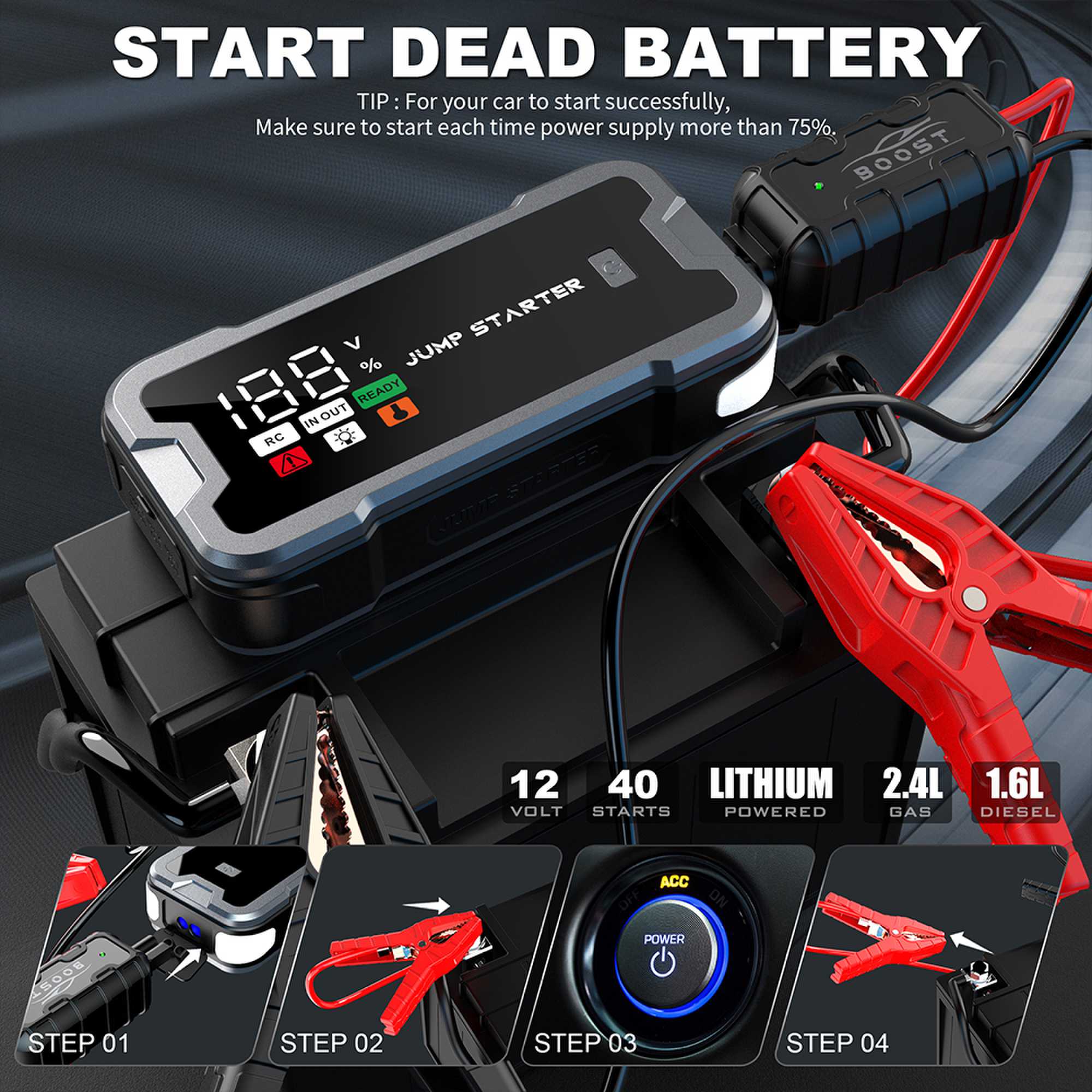 เครื่องช่วยสตาร์ทรถยนต์ 4000A, - Portable Jump Starter บทวิจารณ์และราคา